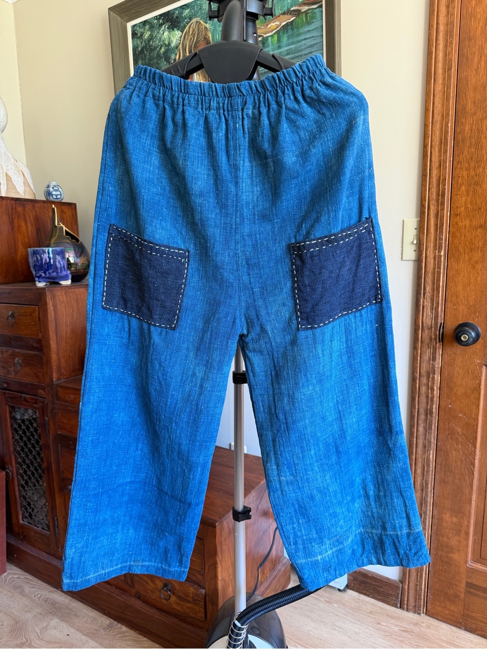 Handmade Indigo Blue Wide-Leg Pants with Patch Pockets